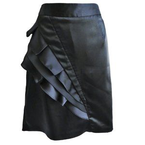 Black Satin Ruffled Pencil Skirt Apt. 9 Layered Back Zip Kick Pleat 6